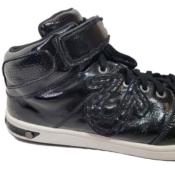 True Religion Brand Black Patent Mid-Top Sneakers Men's Size 12 - Picture 2 of 10